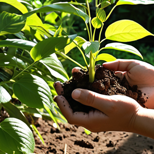 Home 19 **A person gardening mindfully, sunlight dappling through leaves, hands gently holding soil, with a sense of peace and connection. The style should evoke a feeling of groundedness and serenity, similar to a painting by Monet.**