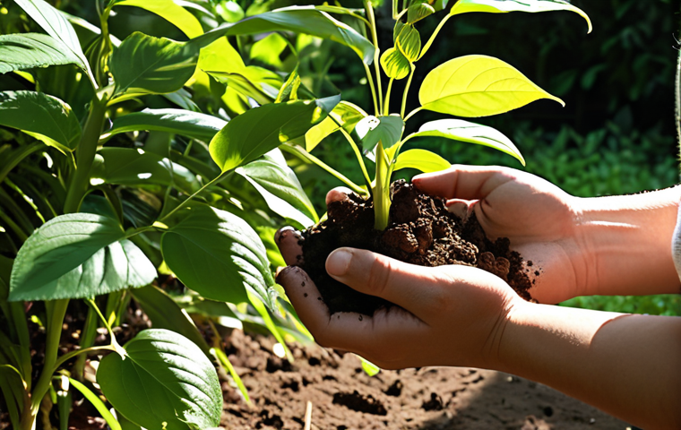 **A person gardening mindfully, sunlight dappling through leaves, hands gently holding soil, with a sense of peace and connection. The style should evoke a feeling of groundedness and serenity, similar to a painting by Monet.**