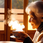 **A cozy, warmly lit living room at dusk. An elderly woman with kind eyes is meticulously preparing a cup of tea, following a specific, practiced ritual. Soft, golden light highlights the steam rising from the cup. Focus on conveying a sense of peace, tradition, and the comforting power of routine.**