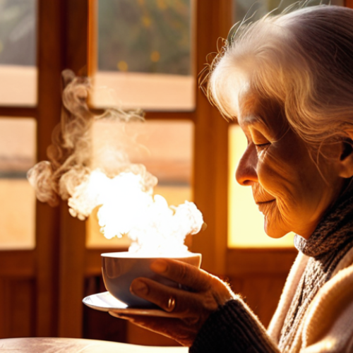Home 18 **A cozy, warmly lit living room at dusk. An elderly woman with kind eyes is meticulously preparing a cup of tea, following a specific, practiced ritual. Soft, golden light highlights the steam rising from the cup. Focus on conveying a sense of peace, tradition, and the comforting power of routine.**