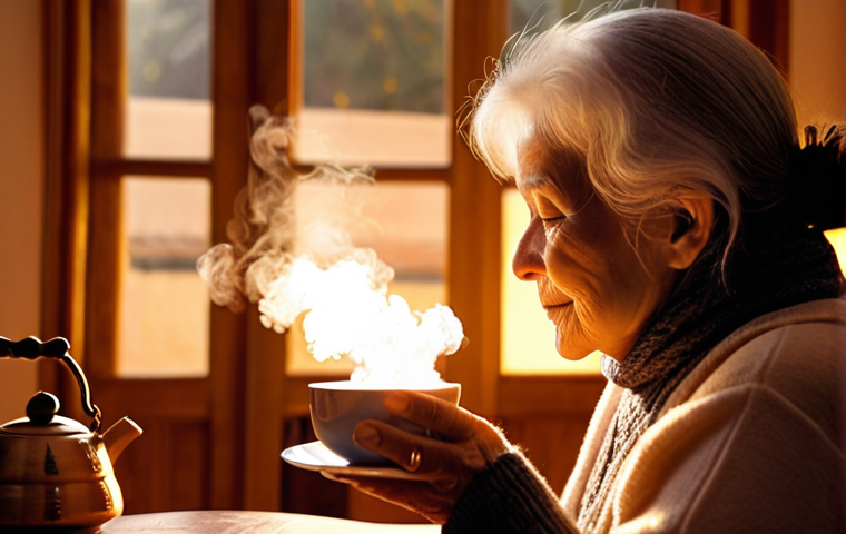 **A cozy, warmly lit living room at dusk. An elderly woman with kind eyes is meticulously preparing a cup of tea, following a specific, practiced ritual. Soft, golden light highlights the steam rising from the cup. Focus on conveying a sense of peace, tradition, and the comforting power of routine.**