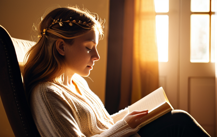 **Prompt:** A person sitting in a cozy armchair, eyes closed, with soft, golden light illuminating their face. Ethereal wisps of energy flow around their head, symbolizing intuition and inner guidance. The background is blurred, suggesting a focus on the internal world. Add subtle details like a journal and pen on a nearby table.