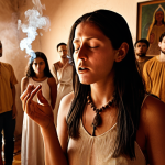 **

A softly lit room filled with people participating in a spiritual ritual. Incense smoke hangs in the air, creating a mystical atmosphere. In the center, a shamanic woman with wise eyes gestures during a chant. Focus on the collective energy and shared intention of the group, with subtle visual cues suggesting individual struggles and hopes merging into a unified purpose. Use earthy tones and gentle lighting to convey a sense of calm and connection.

**