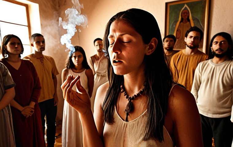 **
A softly lit room filled with people participating in a spiritual ritual. Incense smoke hangs in the air, creating a mystical atmosphere. In the center, a shamanic woman with wise eyes gestures during a chant. Focus on the collective energy and shared intention of the group, with subtle visual cues suggesting individual struggles and hopes merging into a unified purpose. Use earthy tones and gentle lighting to convey a sense of calm and connection.
**