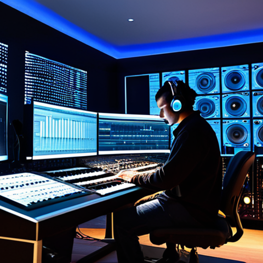 A professional sound engineer, fully clothed in appropriate, modest attire, diligently working at a futuristic audio workstation. The studio environment seamlessly blends high-tech digital screens displaying intricate sound waves with traditional instruments such as a handpan, a djembe, and a Native American flute. Soft, ambient LED lighting illuminates the space, creating a harmonious atmosphere of creative innovation and deep concentration. The image captures the essence of bridging ancient sonic wisdom with contemporary electronic music production. Perfect anatomy, correct proportions, natural pose, well-formed hands, proper finger count, natural body proportions, safe for work, appropriate content, fully clothed, professional, high quality, detailed, realistic.