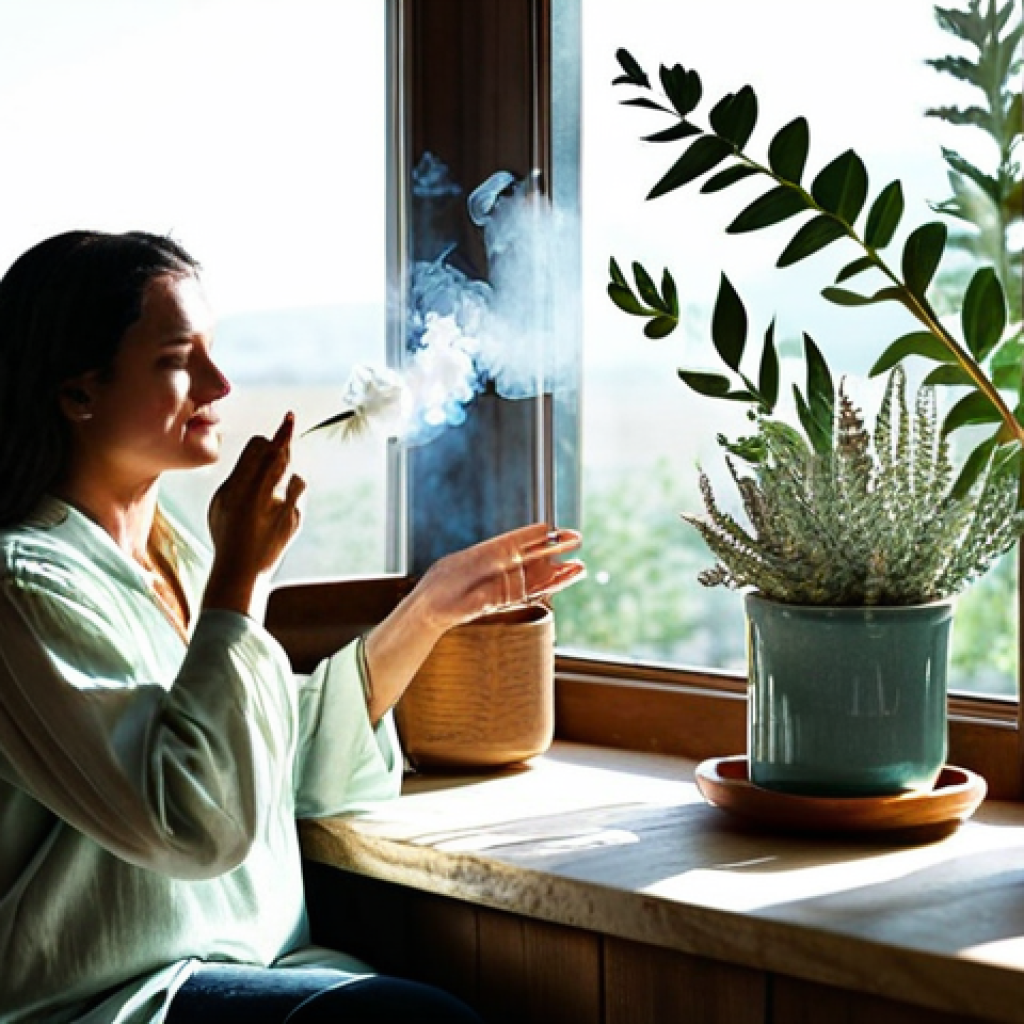 Cleansing Ritual - Sage Smudging**

"A serene living room bathed in soft sunlight. A woman, fully clothed in comfortable, modest clothing, gently wafts sage smoke with a feather. Open windows allow the smoke to drift out. Plants add a touch of nature to the scene. safe for work, appropriate content, professional, family-friendly, perfect anatomy, correct proportions, natural pose, well-formed hands, proper finger count, natural body proportions, high quality, professional photography."

**