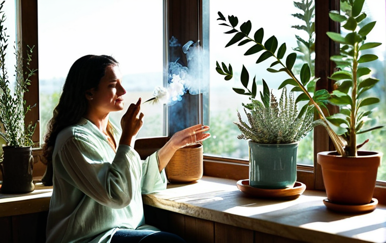 Cleansing Ritual - Sage Smudging**

"A serene living room bathed in soft sunlight. A woman, fully clothed in comfortable, modest clothing, gently wafts sage smoke with a feather. Open windows allow the smoke to drift out. Plants add a touch of nature to the scene. safe for work, appropriate content, professional, family-friendly, perfect anatomy, correct proportions, natural pose, well-formed hands, proper finger count, natural body proportions, high quality, professional photography."

**