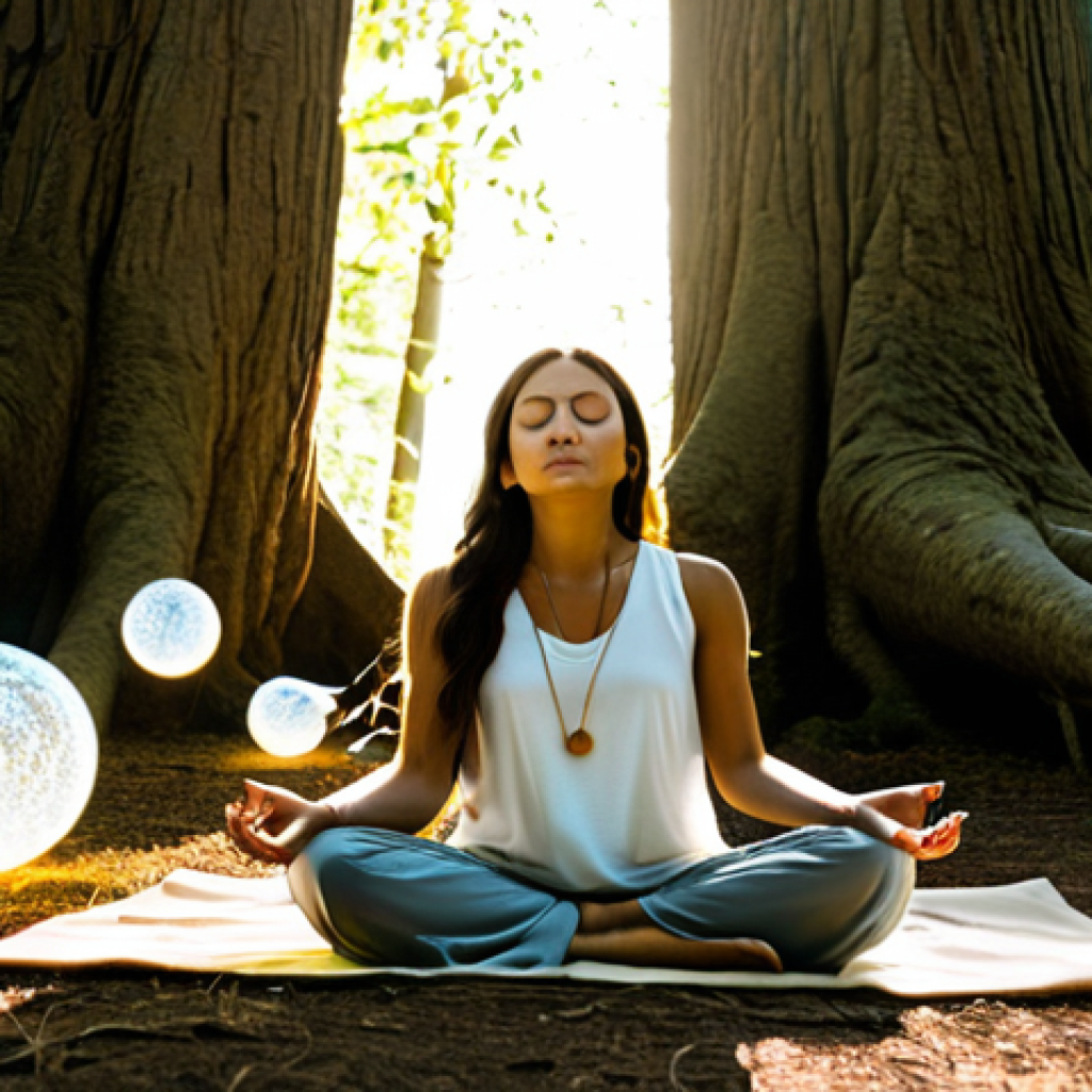 무속과 연애운 - **Prompt:** A serene woman meditates in a sunlit forest clearing, surrounded by glowing orbs represe...