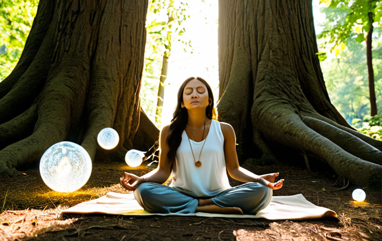 무속과 연애운 - **Prompt:** A serene woman meditates in a sunlit forest clearing, surrounded by glowing orbs represe...