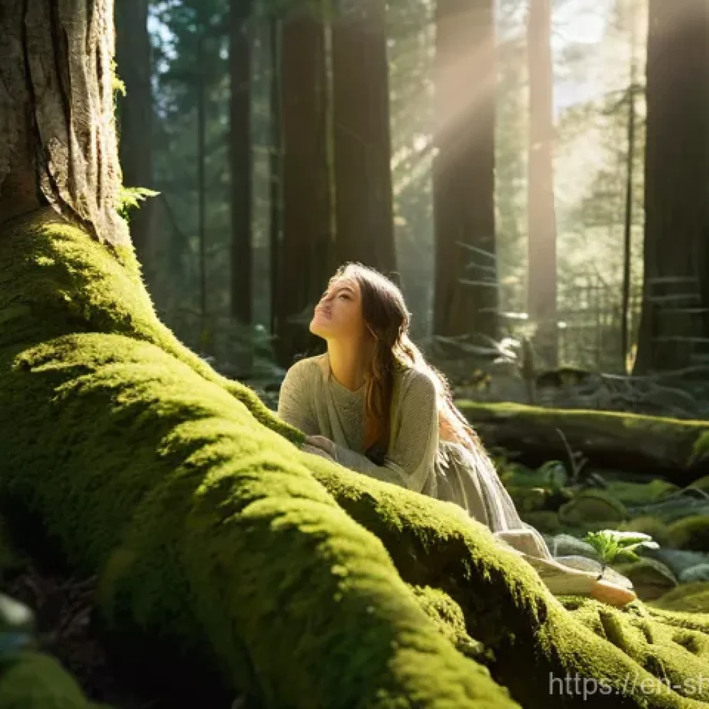 무속 신앙과 자연 숭배의 관계 - **Prompt:** A serene figure, appearing gender-neutral, stands gracefully amidst a dense, ancient for...