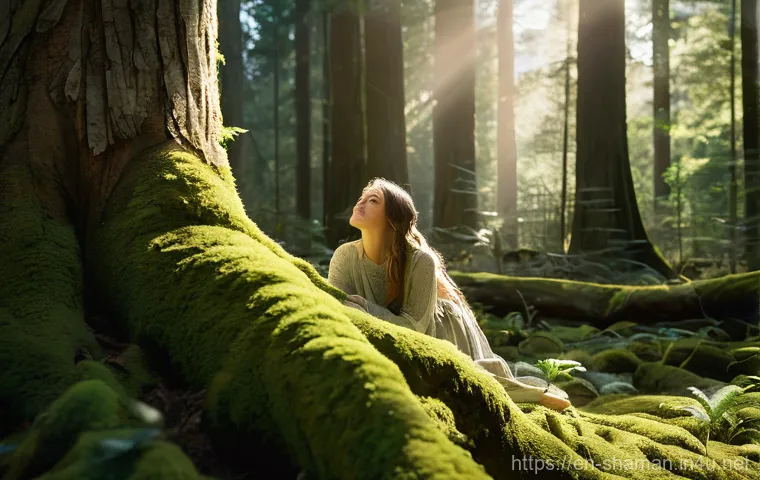 무속 신앙과 자연 숭배의 관계 - **Prompt:** A serene figure, appearing gender-neutral, stands gracefully amidst a dense, ancient for...