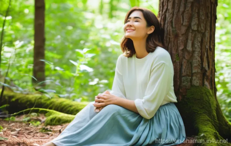 무속 신 내림 절차 - **Prompt:** A gender-neutral person in their late 20s to early 40s, seated peacefully in a sun-dappl...