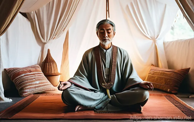 무속 신 내림 절차 - **Prompt:** A gender-neutral person in their late 20s to early 40s, seated peacefully in a sun-dappl...