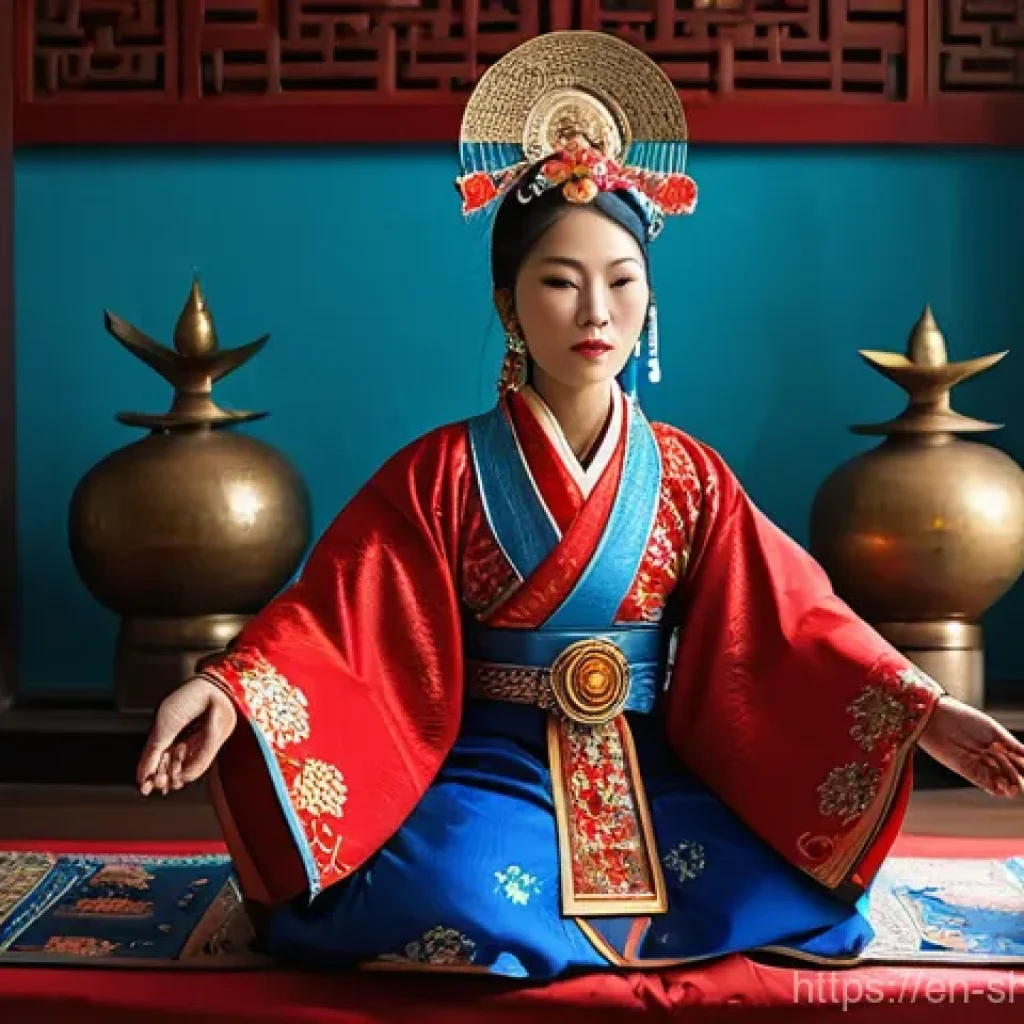 한국 전통 무속 신앙 - **A Reverent Gut Ceremony in an Urban Sanctuary**
    A powerful female Korean shaman (Mudang) in he...