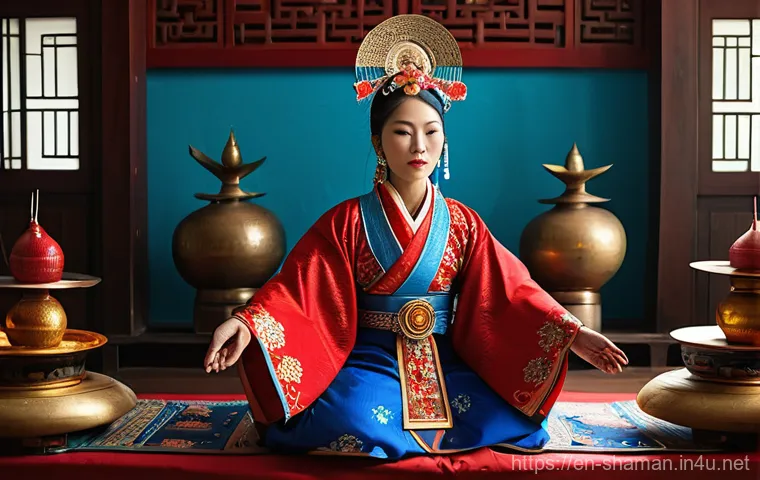 한국 전통 무속 신앙 - **A Reverent Gut Ceremony in an Urban Sanctuary**
    A powerful female Korean shaman (Mudang) in he...