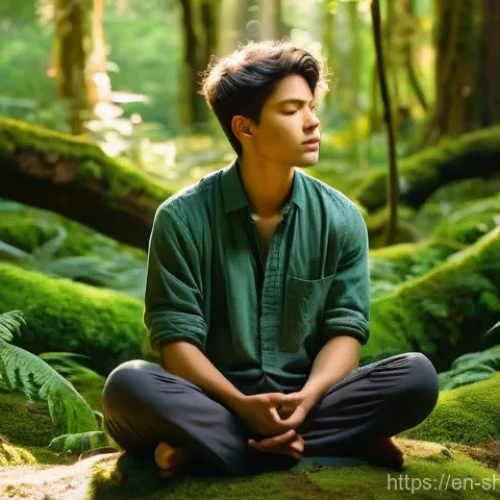 무속 신앙을 배우는 방법 - **Prompt:** A gender-neutral young adult sits peacefully amidst an ancient, moss-covered forest clea...