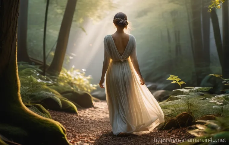 무속 신 내림과 꿈 해석 - A serene, gender-neutral figure, adorned in comfortable and modest flowing attire, stands calmly in ...