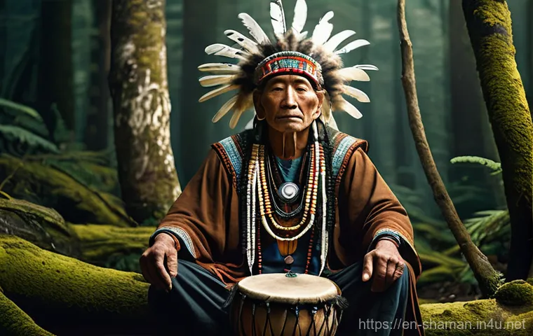 무속 신화 속 인물 - **Prompt:** A wise and ancient shaman, dressed in rich, earth-toned ceremonial garments adorned with...
