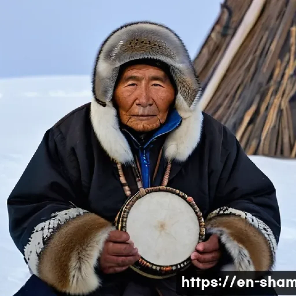 무속의 지역별 특징 - **Arctic Angakok's Drum Call:** A wise, elderly Inuit Angakok (shaman), with a face weathered by arc...