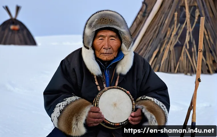 무속의 지역별 특징 - **Arctic Angakok's Drum Call:** A wise, elderly Inuit Angakok (shaman), with a face weathered by arc...