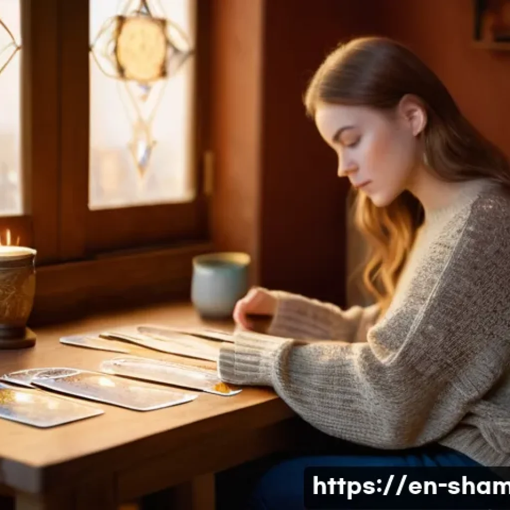 무속 점사와 타로의 차이 - **A cozy, sunlit room. A young woman with light brown hair sits at a wooden table. She's wearing a c...