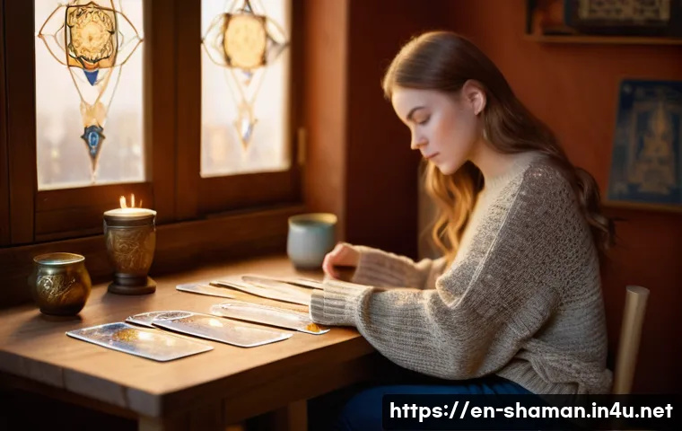 무속 점사와 타로의 차이 - **A cozy, sunlit room. A young woman with light brown hair sits at a wooden table. She's wearing a c...