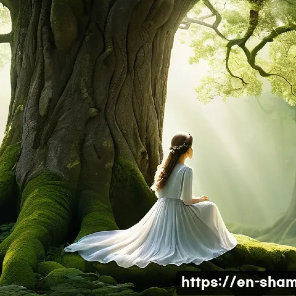 무속 신앙의 초보자 가이드 - **A Serene Connection with Nature's Whisper**
    A lone young woman, dressed in comfortable, modest...