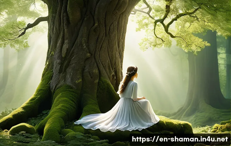 무속 신앙의 초보자 가이드 - **A Serene Connection with Nature's Whisper**
    A lone young woman, dressed in comfortable, modest...