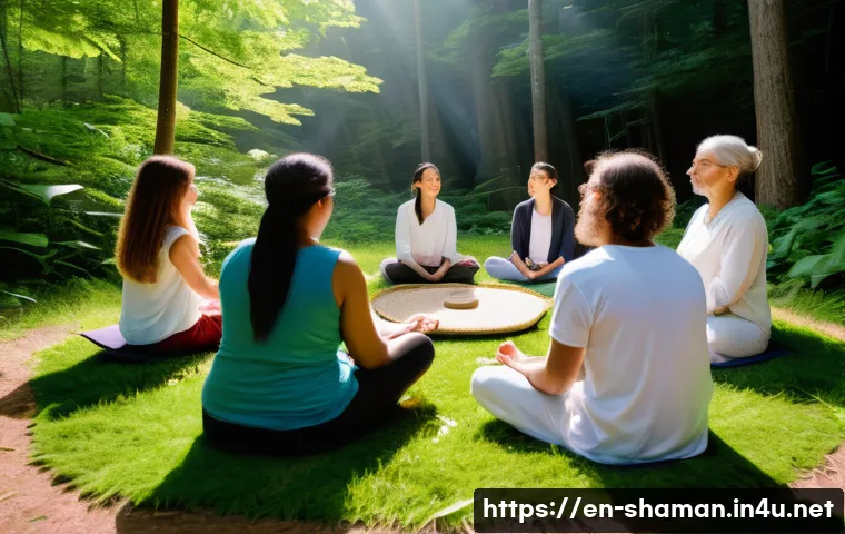 무속 관련 워크숍 - A serene spiritual workshop scene set in a sunlit forest clearing, featuring a diverse group of adul...