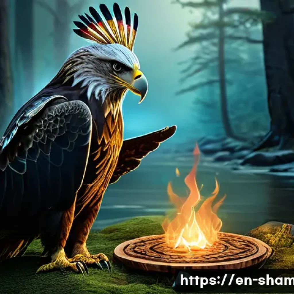 무속 신앙을 가르치는 책 - A serene shamanic ritual set in a dense ancient forest at twilight, featuring a robed shaman wearing...