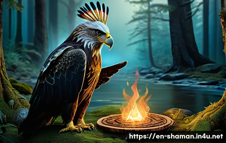 무속 신앙을 가르치는 책 - A serene shamanic ritual set in a dense ancient forest at twilight, featuring a robed shaman wearing...