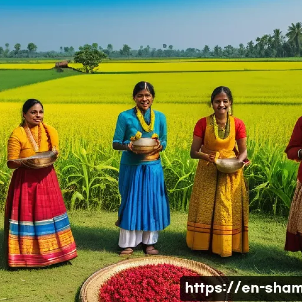 무속 의식에서 농업 관련 굿 - A vibrant South Asian planting season celebration scene in a rural village, featuring men and women ...