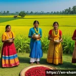 Home 20 무속 의식에서 농업 관련 굿 - A vibrant South Asian planting season celebration scene in a rural village, featuring men and women ...