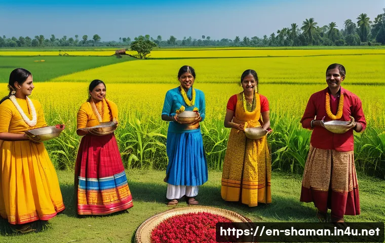 무속 의식에서 농업 관련 굿 - A vibrant South Asian planting season celebration scene in a rural village, featuring men and women ...