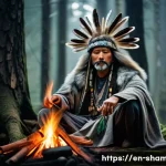 Home 19 무속과 사주 차이점 - A serene shamanic ritual scene set in a dense ancient forest at twilight, featuring a middle-aged sh...