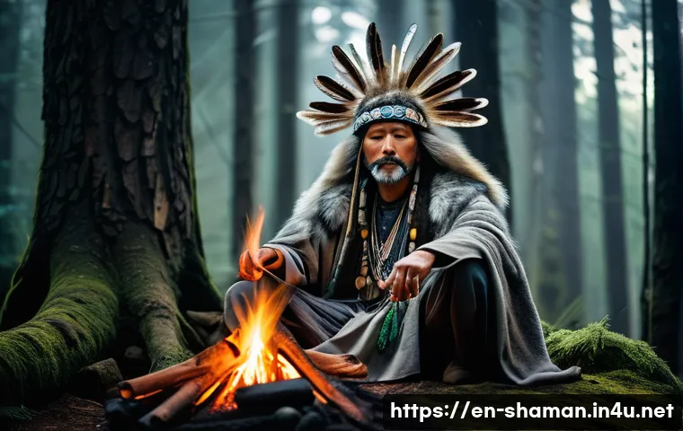무속과 사주 차이점 - A serene shamanic ritual scene set in a dense ancient forest at twilight, featuring a middle-aged sh...