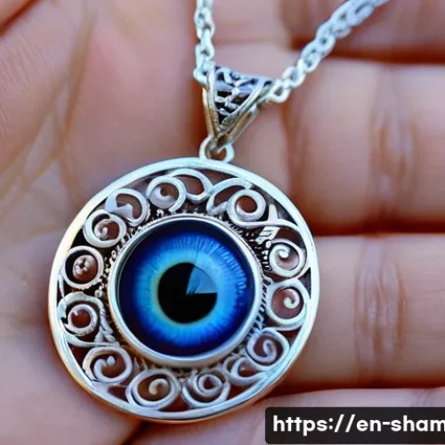 Home 30 무속에서 재앙을 피하는 법 - A detailed close-up of a Mediterranean-style evil eye amulet pendant, featuring a glossy deep blue e...