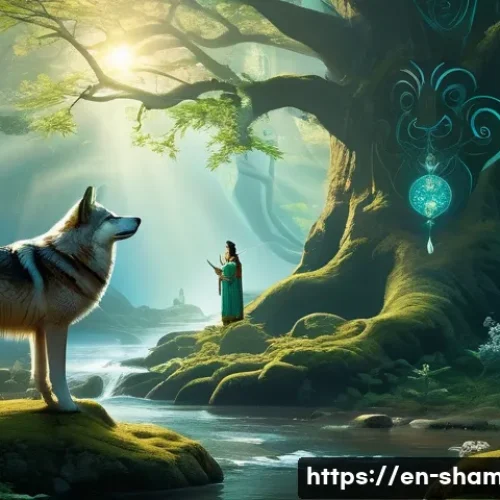 Home 17 무속 신앙의 철학 - A serene forest scene depicting a shaman in traditional clothing with intricate patterns, standing r...