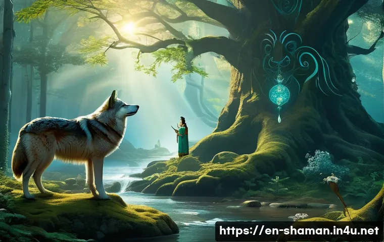 무속 신앙의 철학 - A serene forest scene depicting a shaman in traditional clothing with intricate patterns, standing r...