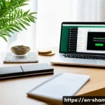 무속에서 재물운을 올리는 법 - A serene home office scene featuring a stylish, organized desk with a laptop displaying a financial ...