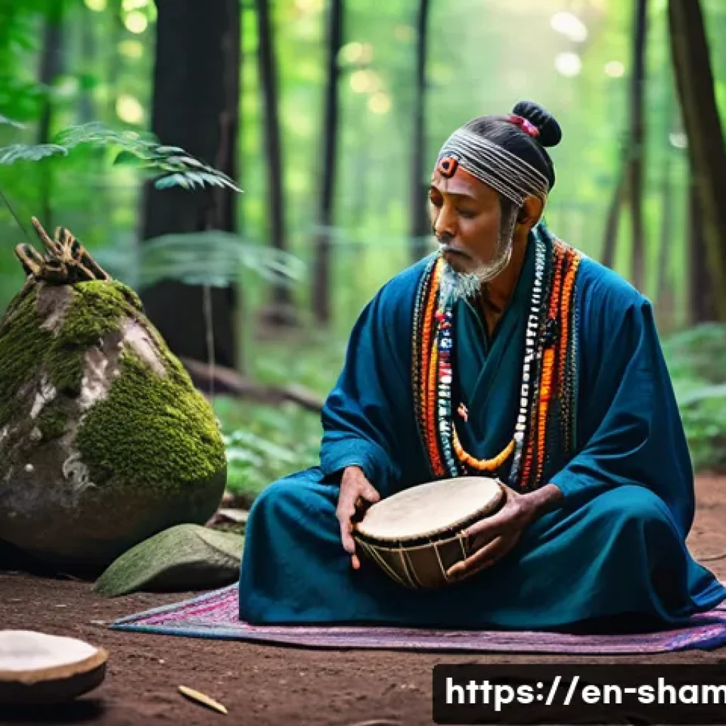 무속 굿의 종류 - A serene shamanic ceremony in a forest clearing at twilight, featuring a shaman wearing colorful rob...