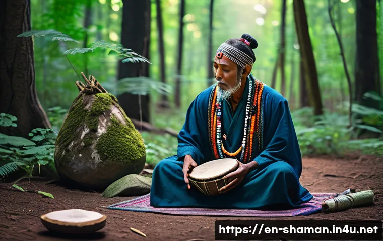 무속 굿의 종류 - A serene shamanic ceremony in a forest clearing at twilight, featuring a shaman wearing colorful rob...