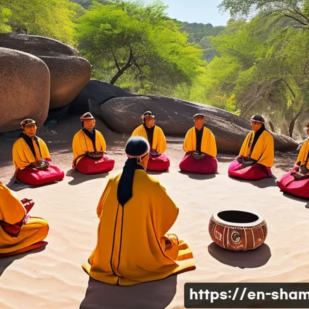 무속 종교와 법적 지위 - A vibrant and respectful depiction of an indigenous spiritual ceremony taking place at a sacred outd...