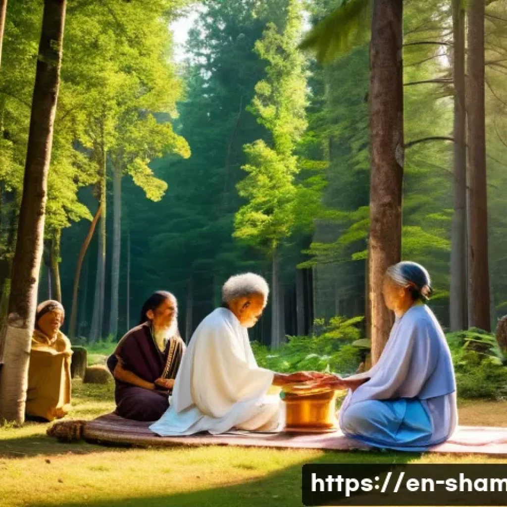 무속과 윤리적 논란 - A serene outdoor spiritual ceremony set in a lush forest clearing during golden hour, featuring dive...