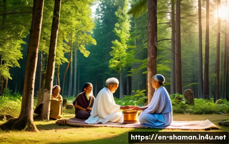 무속과 윤리적 논란 - A serene outdoor spiritual ceremony set in a lush forest clearing during golden hour, featuring dive...