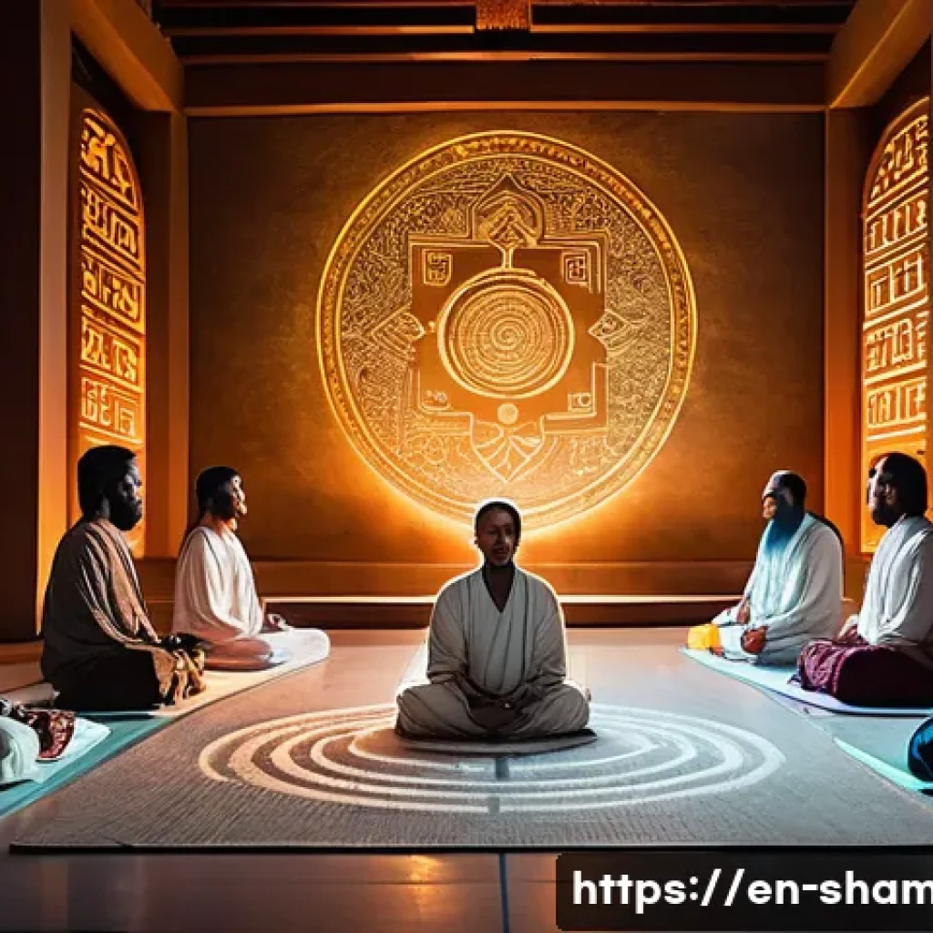 무속과 과학적 접근 - A serene meditation scene in a softly lit ancient temple interior, featuring a diverse group of adul...