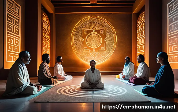 무속과 과학적 접근 - A serene meditation scene in a softly lit ancient temple interior, featuring a diverse group of adul...