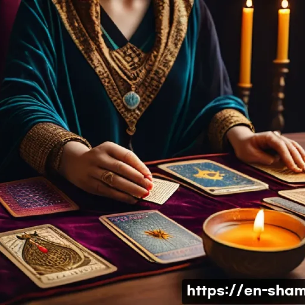 유명 점집 리스트 - A cozy, softly lit room featuring a female tarot reader seated at a wooden table covered with a velv...