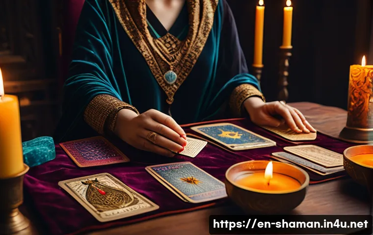 유명 점집 리스트 - A cozy, softly lit room featuring a female tarot reader seated at a wooden table covered with a velv...