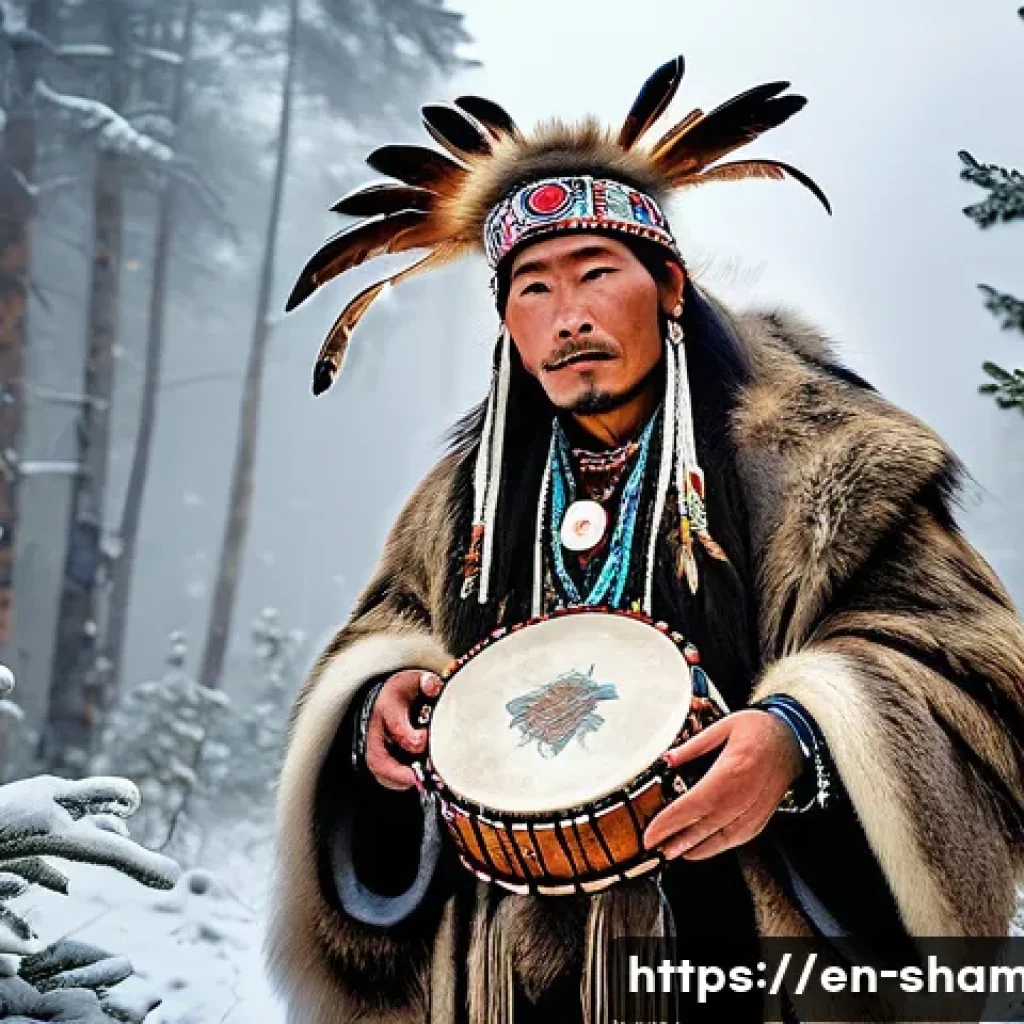 무속인의 지역별 특징 - A Siberian shaman in a snowy mountain forest, wearing traditional ritual costumes adorned with anima...